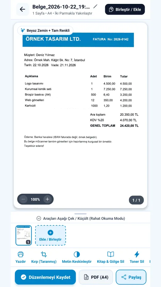 mScanner: taranmış fatura sonucu / scanned invoice result